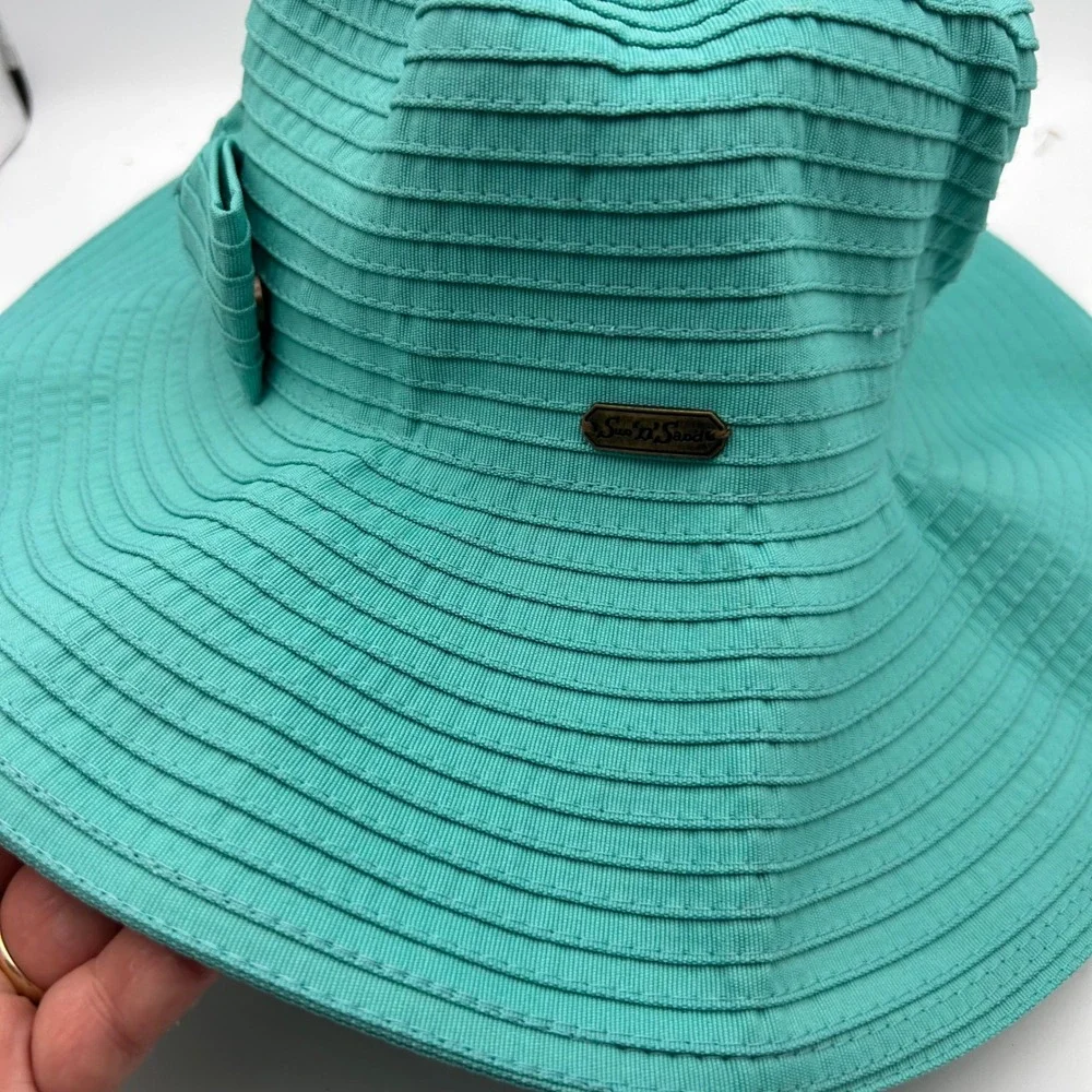 Sun N Sand Turquoise Teal Wide Brim Sun Hat UPF 50+ Packable Bow HH1482 G NEW